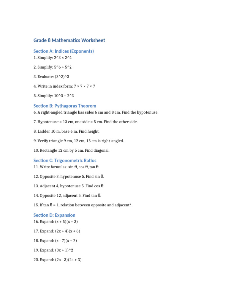 Grade 8 Maths Worksheet | PDF
