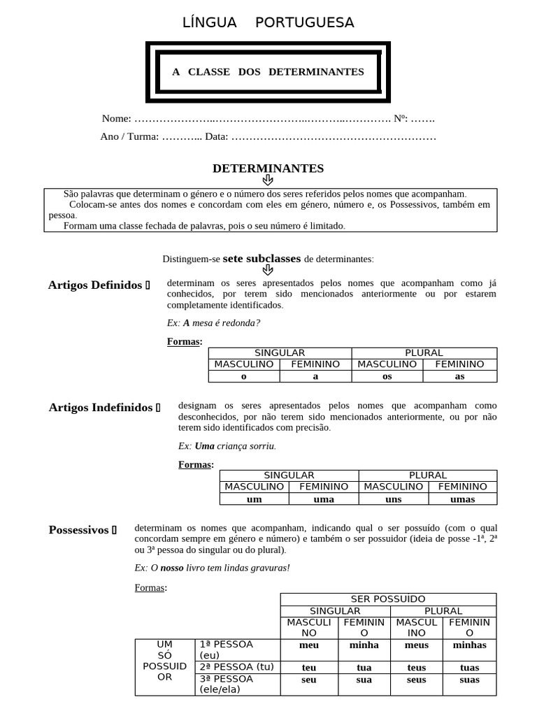 A Classe Dos Determinantes - Ficha de Trabalho | PDF | Morfologia ...