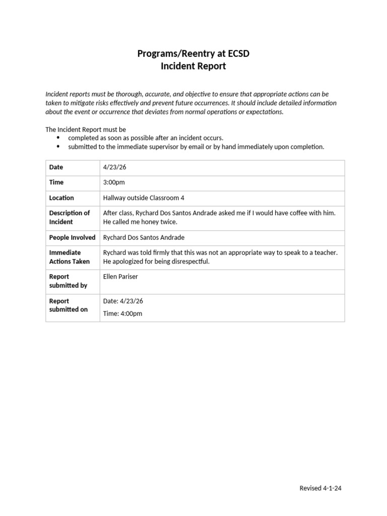 Programs Reentry Incident Report Template Draft (2) | PDF