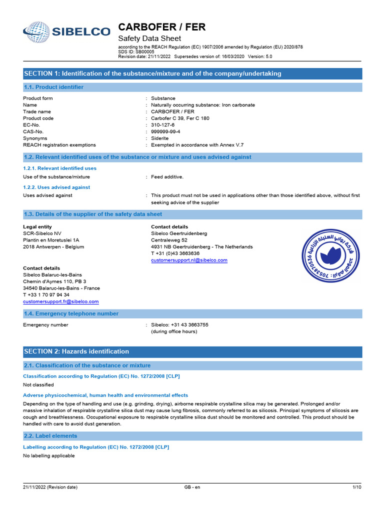 Carbofer-Fer SDS 21-11-2022 GB-IE IProva(1) | PDF | Materials | Chemistry