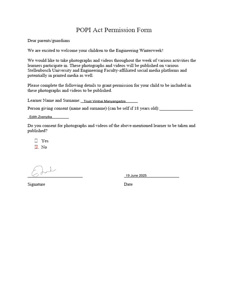 POPI Act Permission Form | PDF