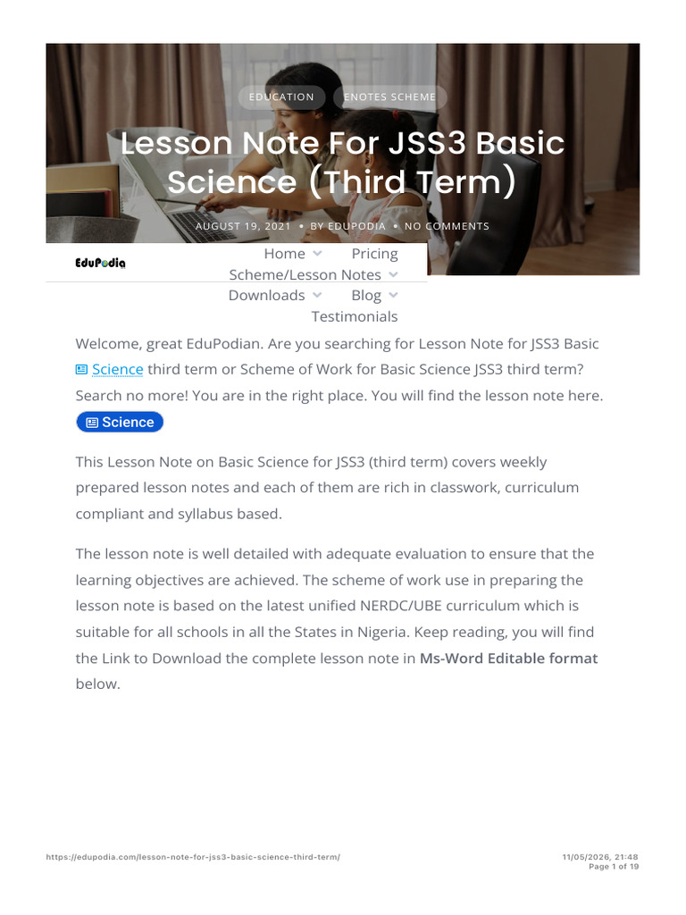 Lesson Note for JSS3 Basic Science (Third Term) - EduPodia | PDF ...