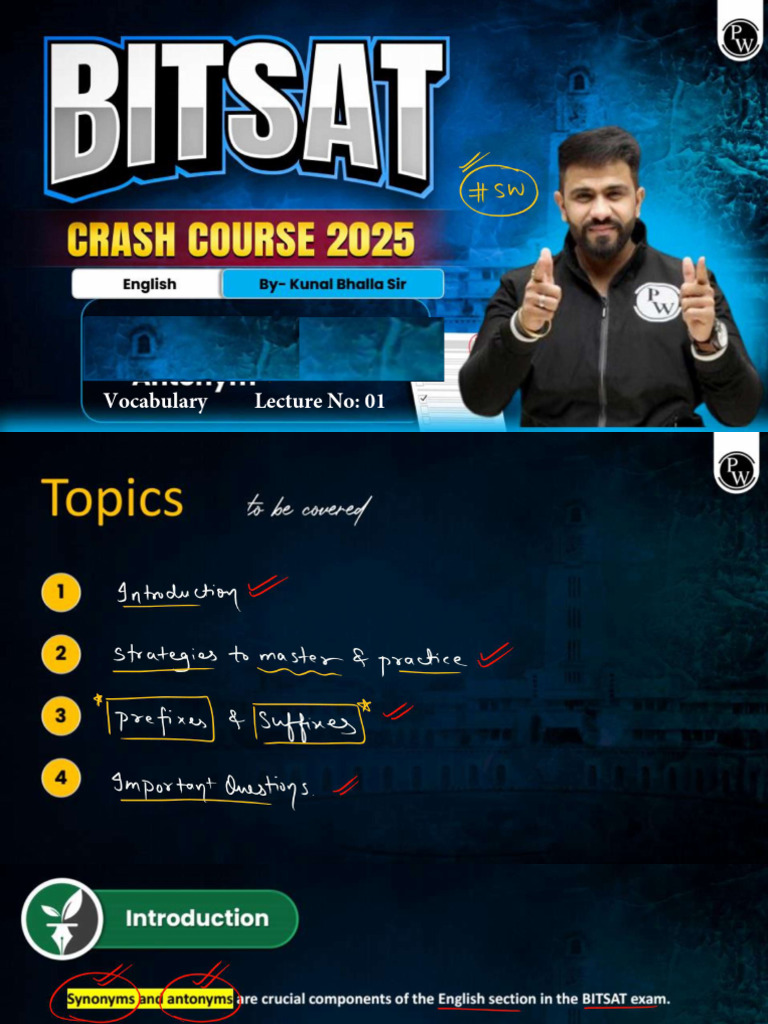 (English) Vocabulary 01 Class Notes BITSAT Crash Course 202 | PDF