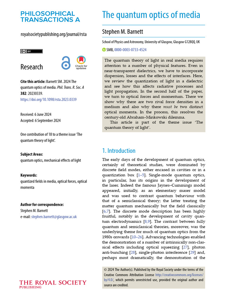 The Quantum Optics of Media (1) | PDF | Momentum | Light