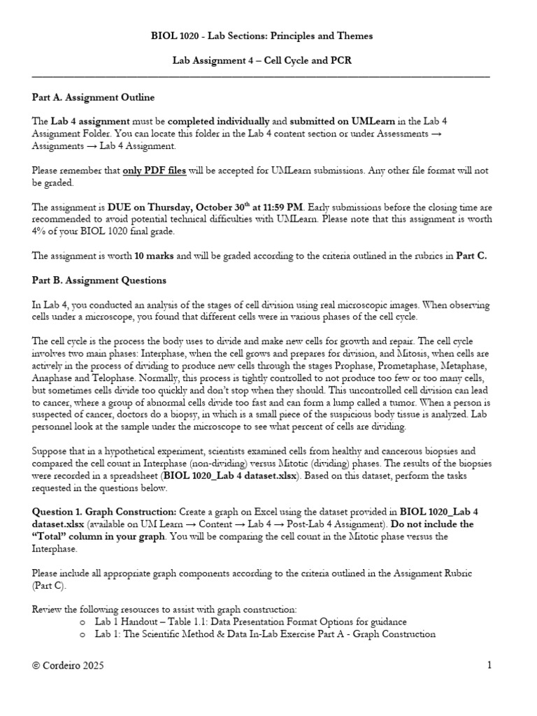BIOL 1020 Lab 4 Assignment_UMLearn | PDF | Mitosis | Cell Biology