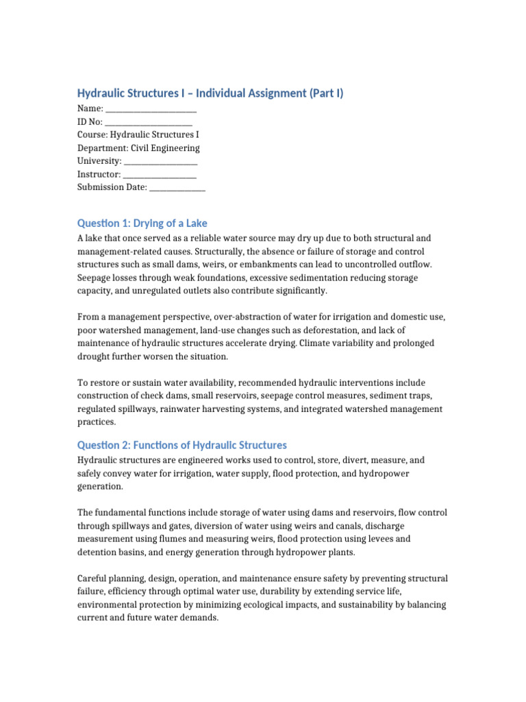 Hydraulic Structures I Part I Full Assignment | PDF | Dam | Spillway