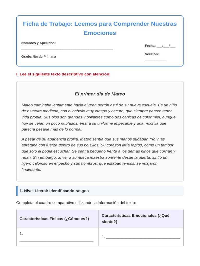 Ficha Lectura Emociones 5to Grado | PDF
