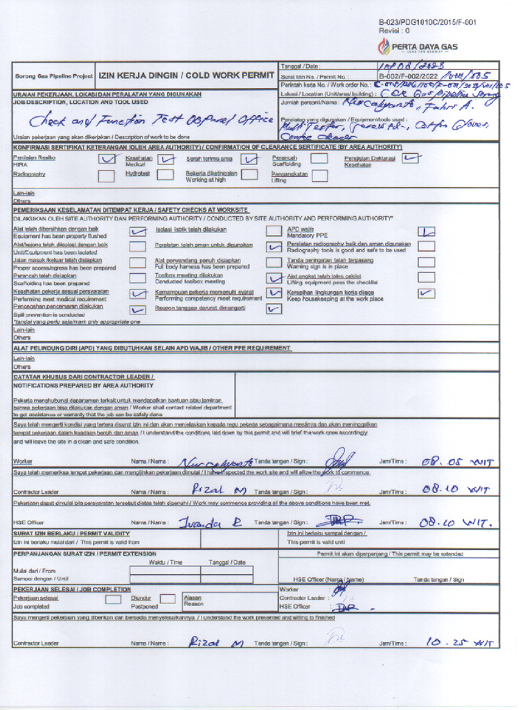 20230810 Work Permit Kegiatan Check and Function Test DB Panel Office ...