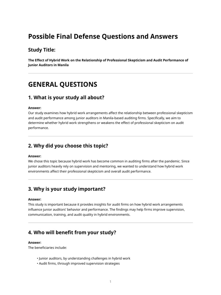 Final Defense Possible Questions Answers Hybrid Work Auditing | PDF ...
