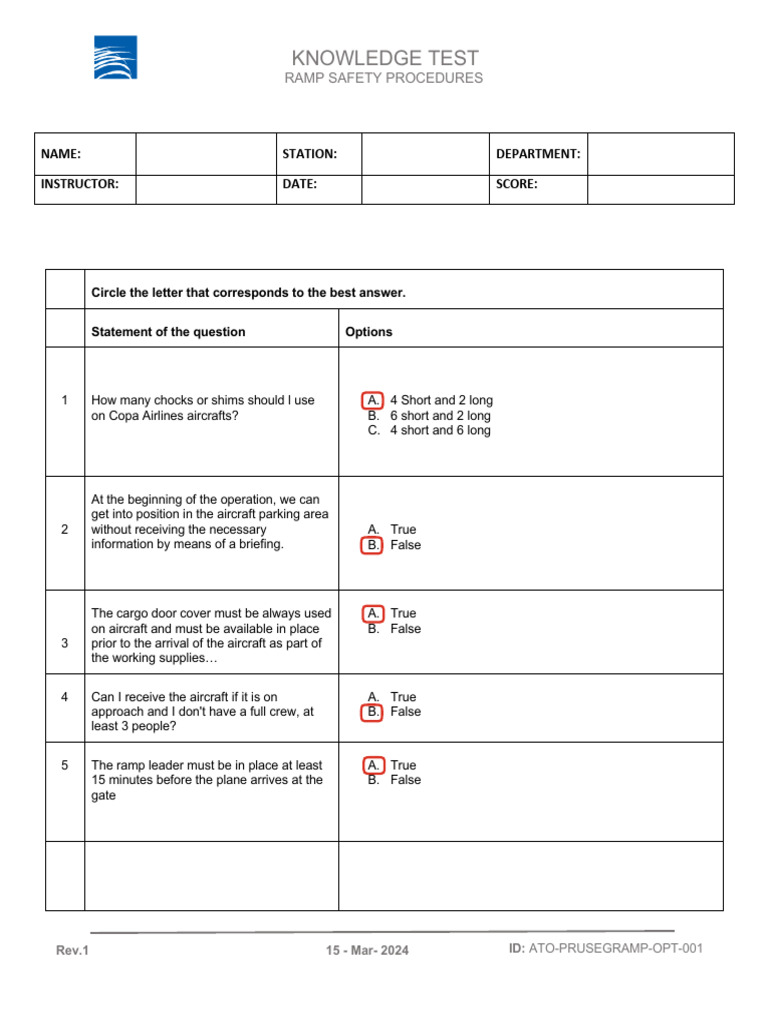 Knowledge Test Ramp Safety Procedures | PDF | Aviation Accidents And ...