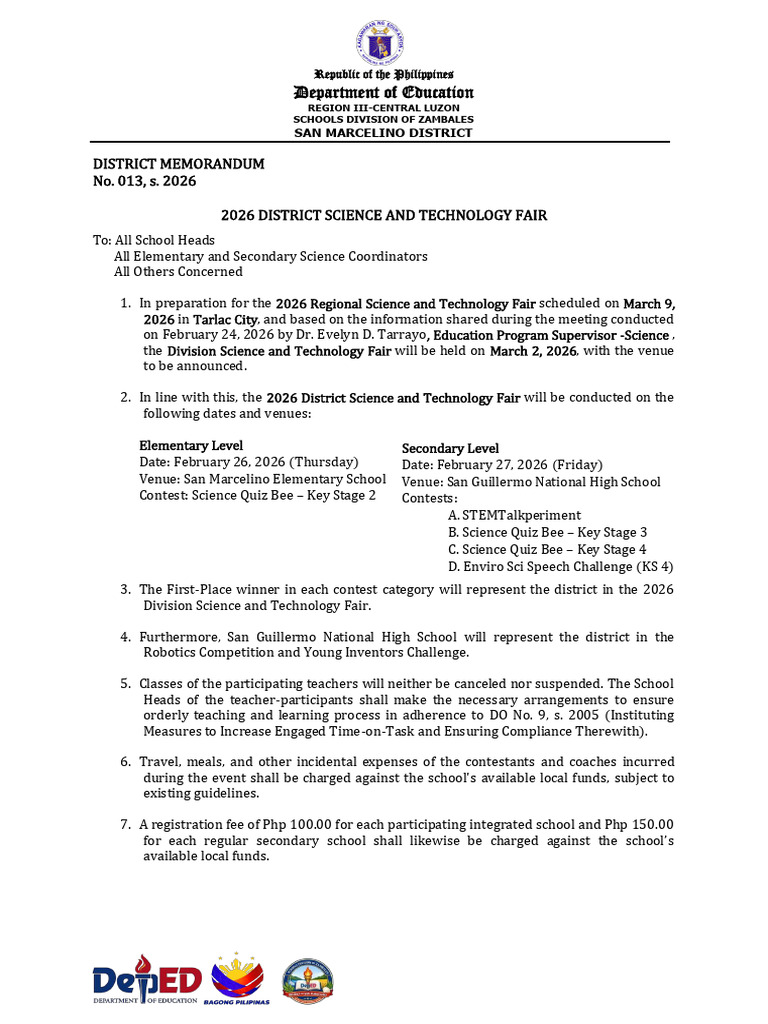 District Memo No. 013 s. 2026 2026 District Science Fair | PDF | Cognition