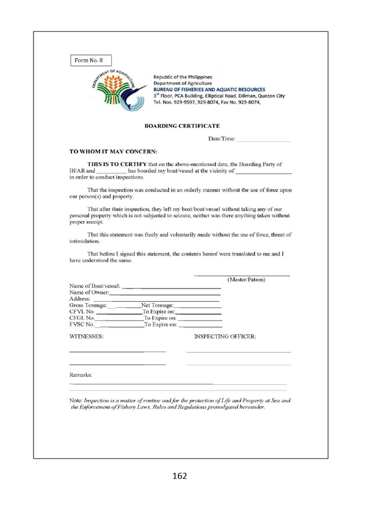 Form 8 - Boarding Certificate | PDF