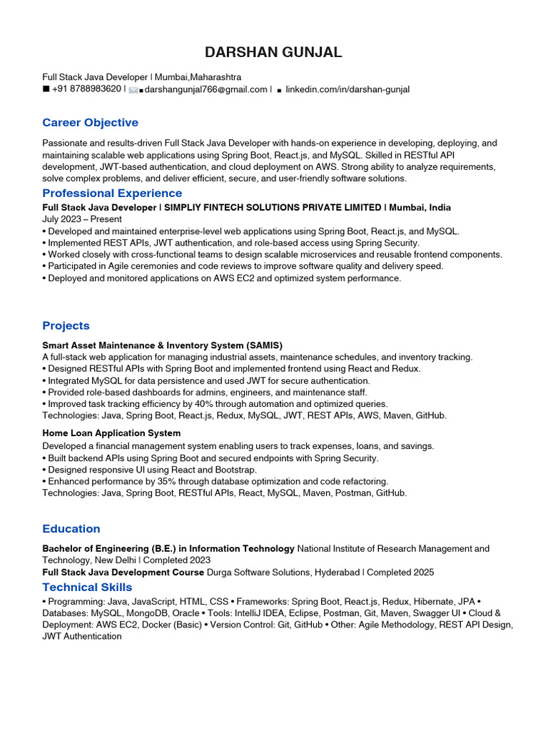 DarshanResume (15) (1) | PDF | Java (Programming Language) | My Sql