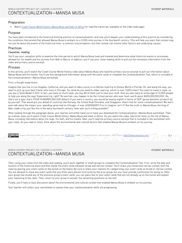 Copy of WHPAP 143 Activity Contextualization Mansa Musa Student | PDF
