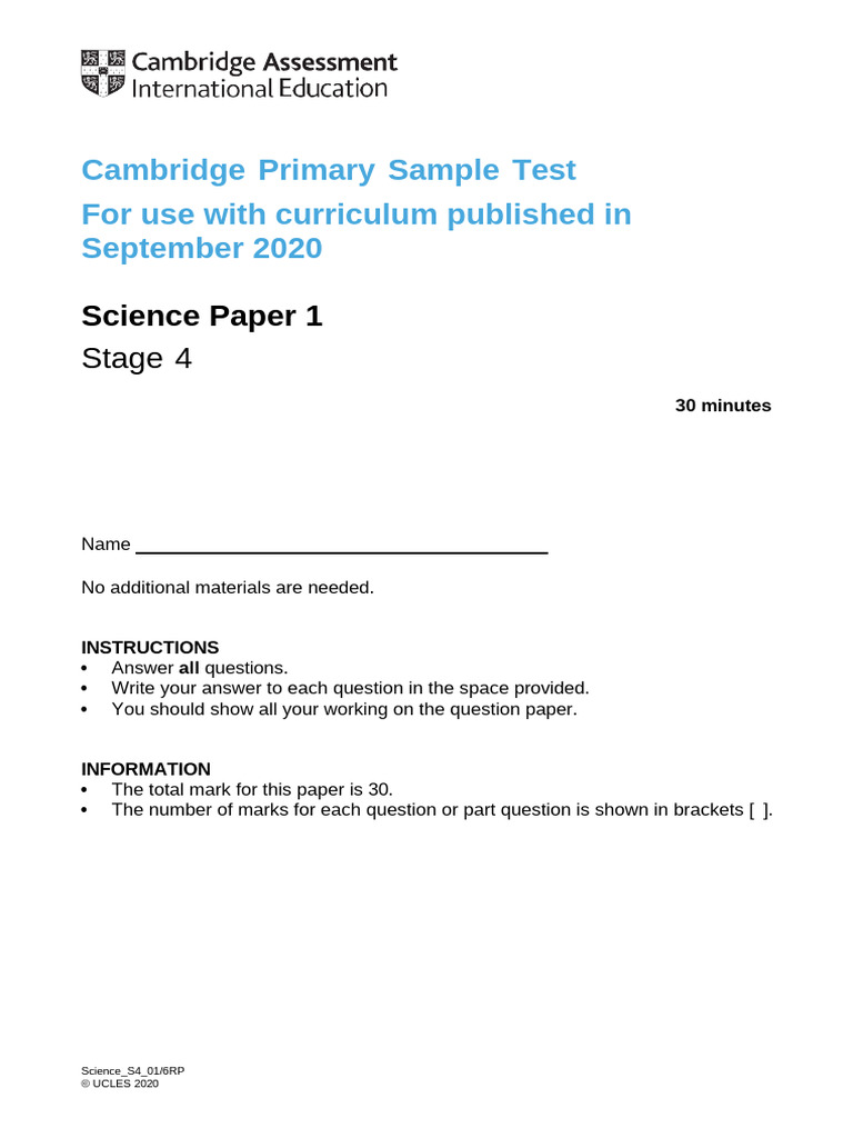 0097 Science 2020 Stage 4 Sample Question Paper 1 | PDF | Light | Predation