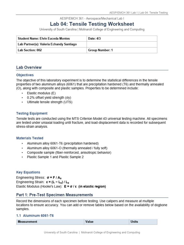 Lab04 Tensile Testing Worksheet | PDF | Deformation (Engineering ...
