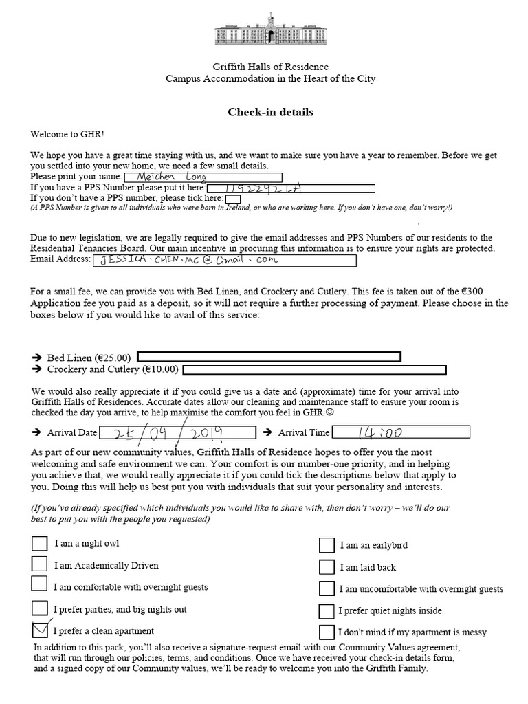 Check in Form | PDF