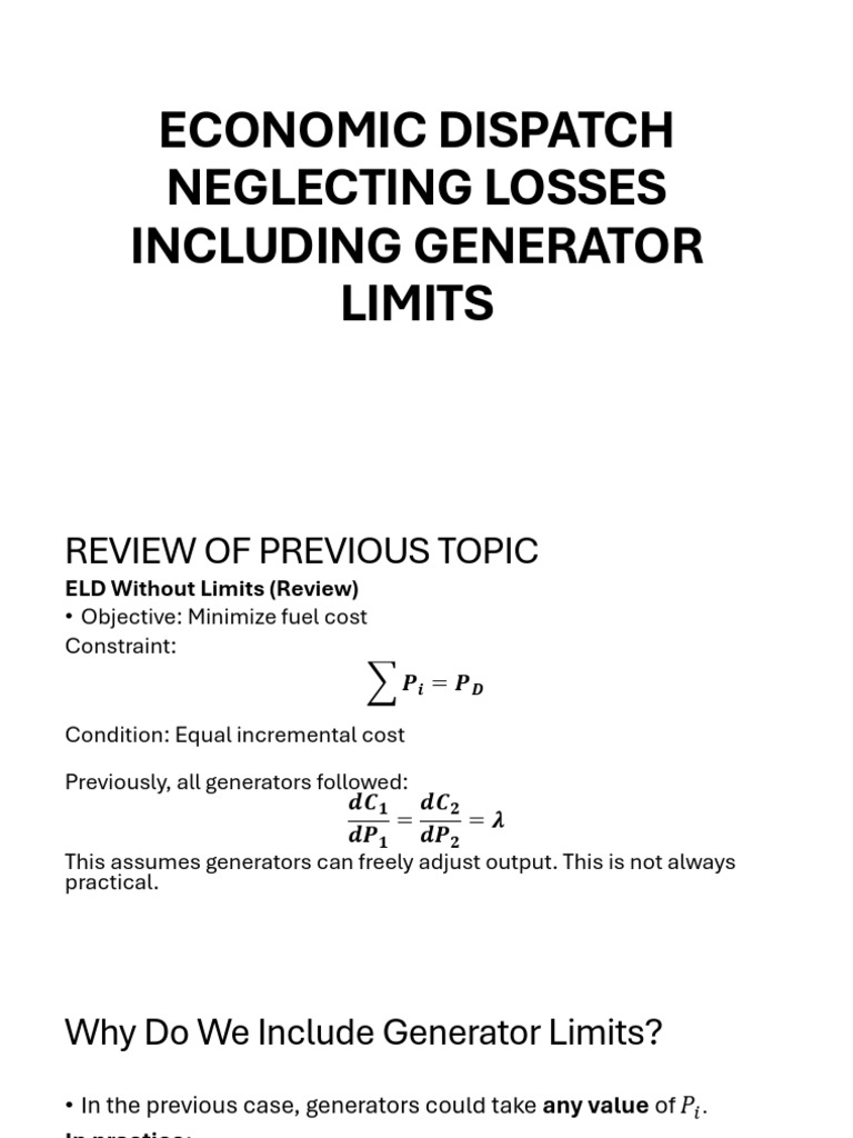 Economic Dispatch Neglecting Losses Including Generator Limits | PDF ...