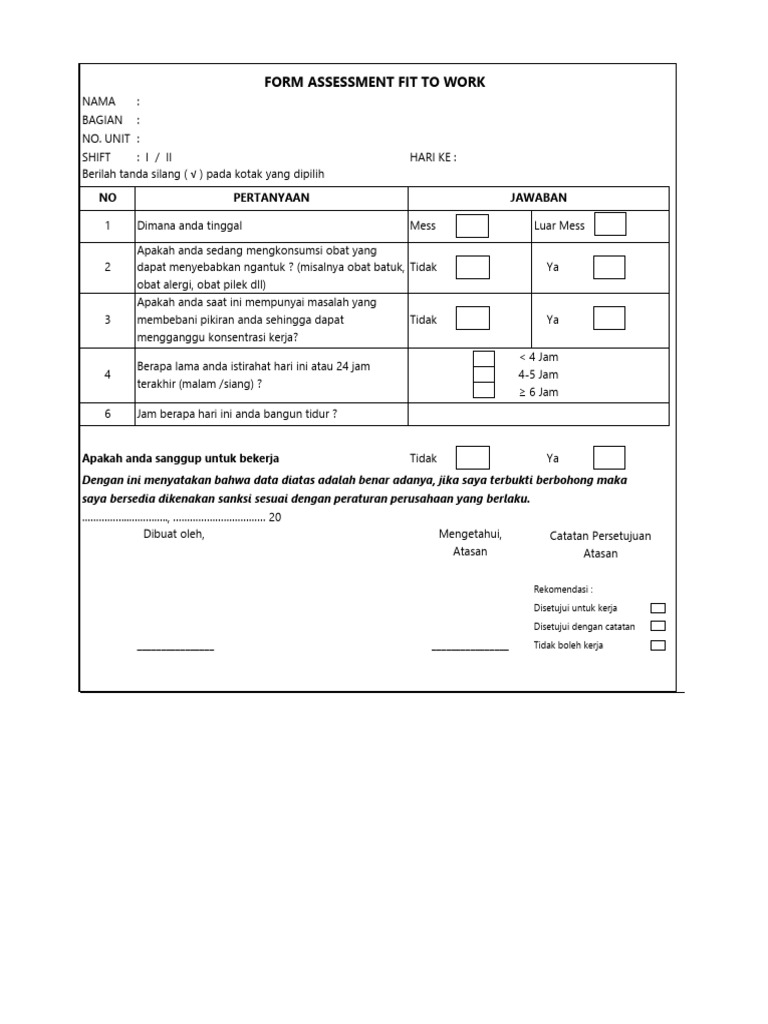 Lampiran Prosedur Fatigue Management (Form Fit to Work) | PDF