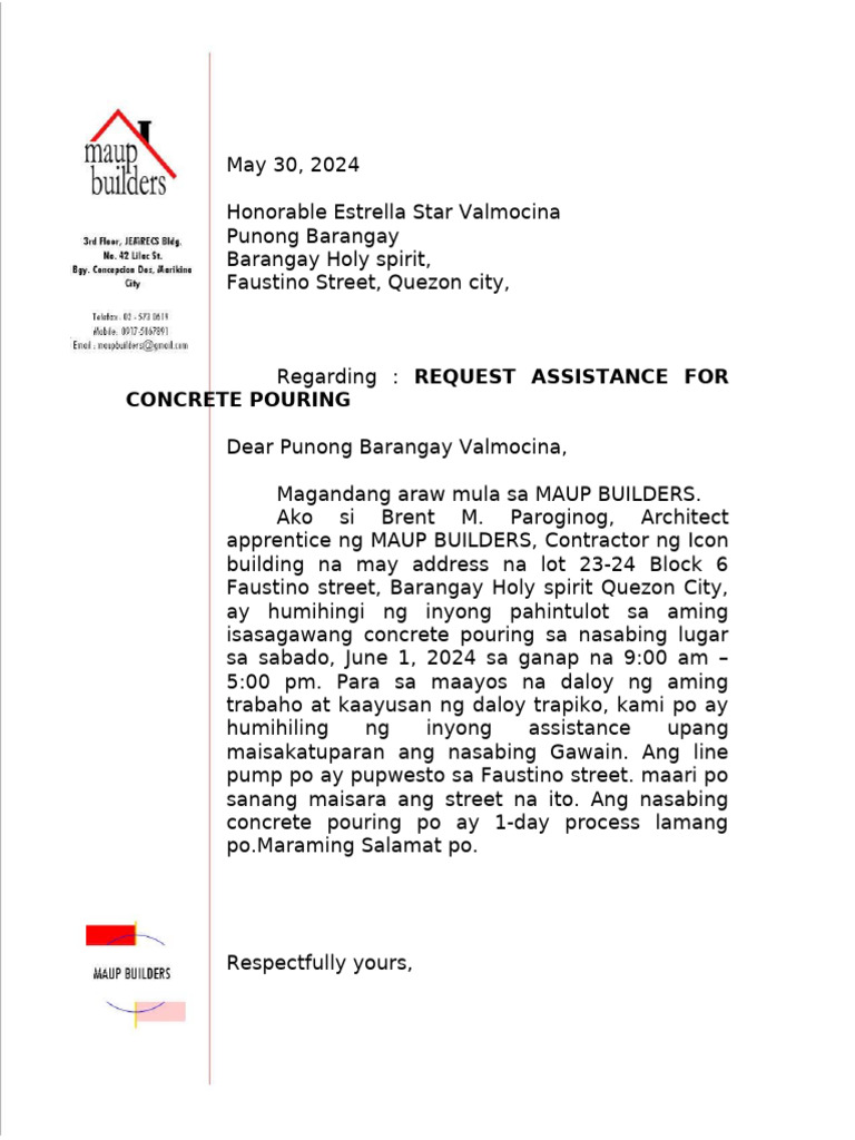 Letter Request Concrete Pouring ICON | PDF
