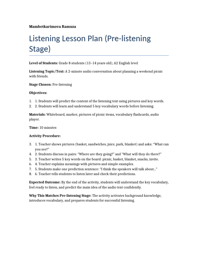 Listening Lesson Plan PreListening With Name | PDF