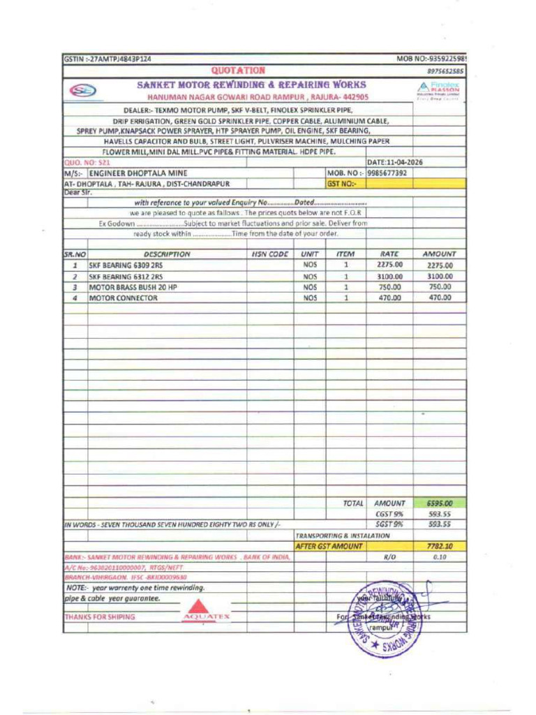 10HP Motor Pump Repair Quotation | PDF