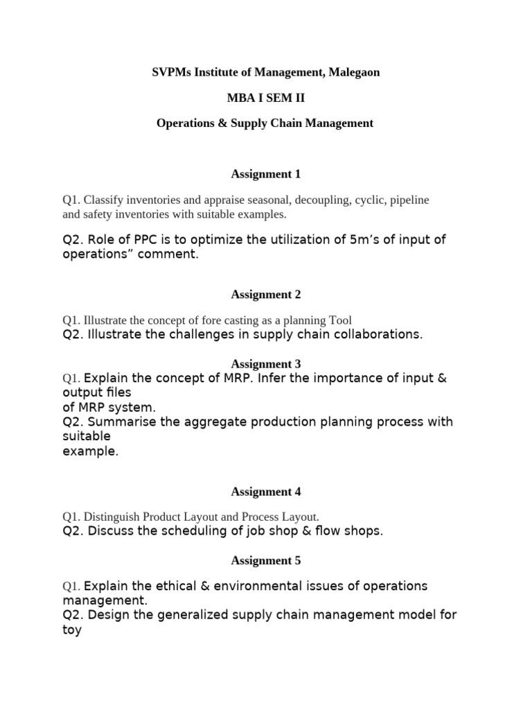 Assignments & Tutorials Operations & Supply Chain Management | PDF