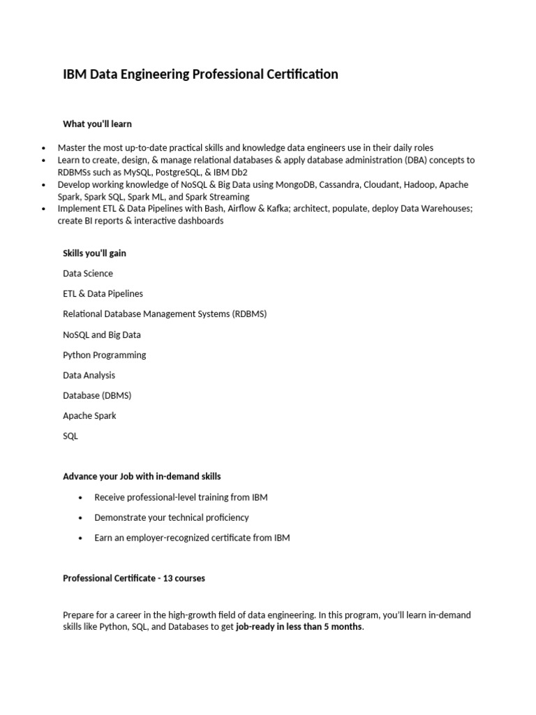 IBM Data Engineering Professional Certification-Contents | PDF ...