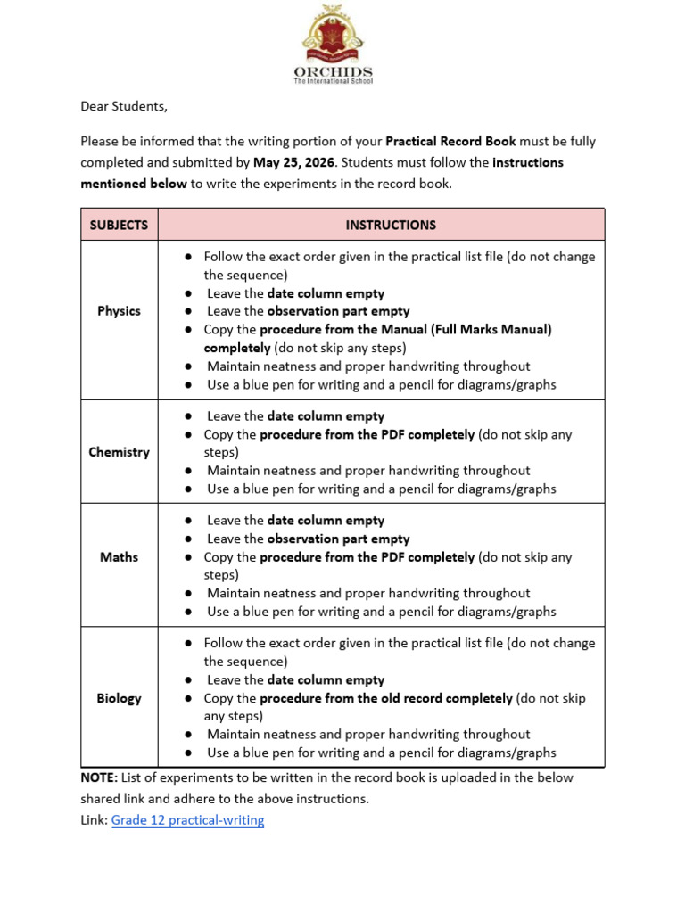 Grade 12 Practical Record List AY 2026-27 | PDF