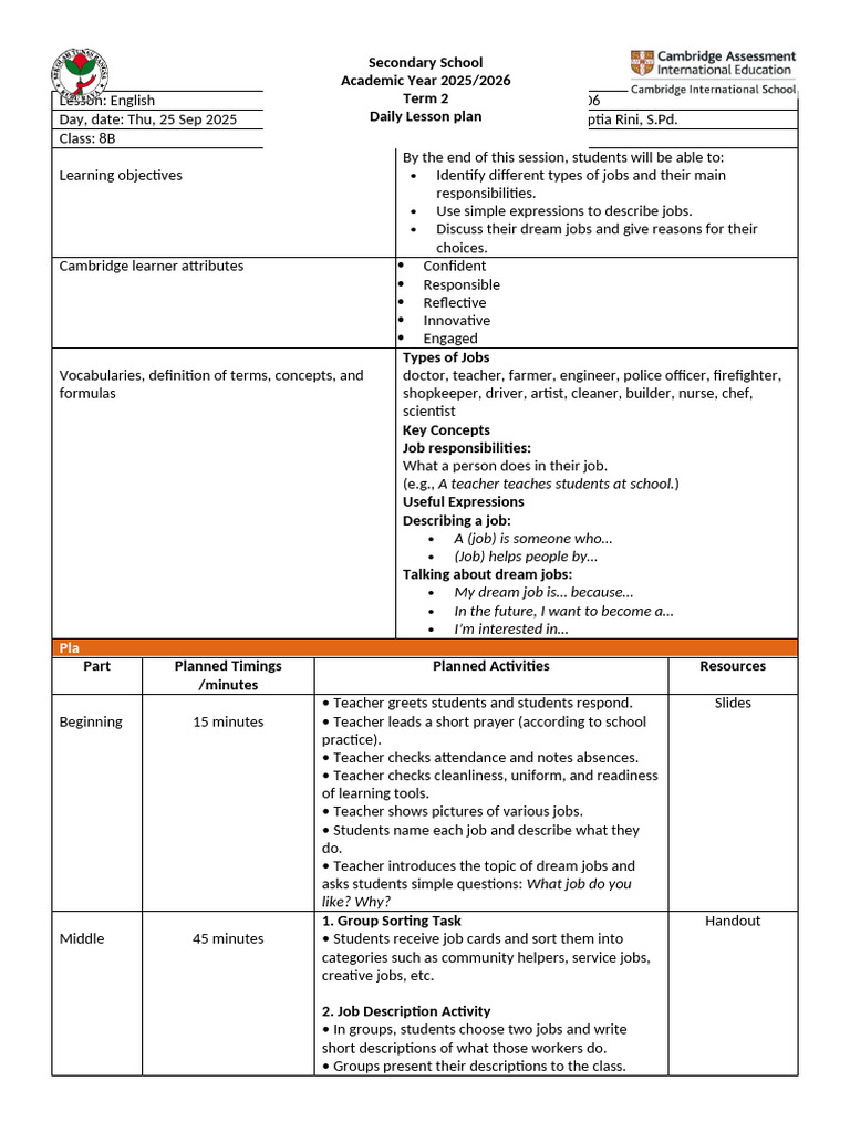 English Lesson Plan Y8 | PDF
