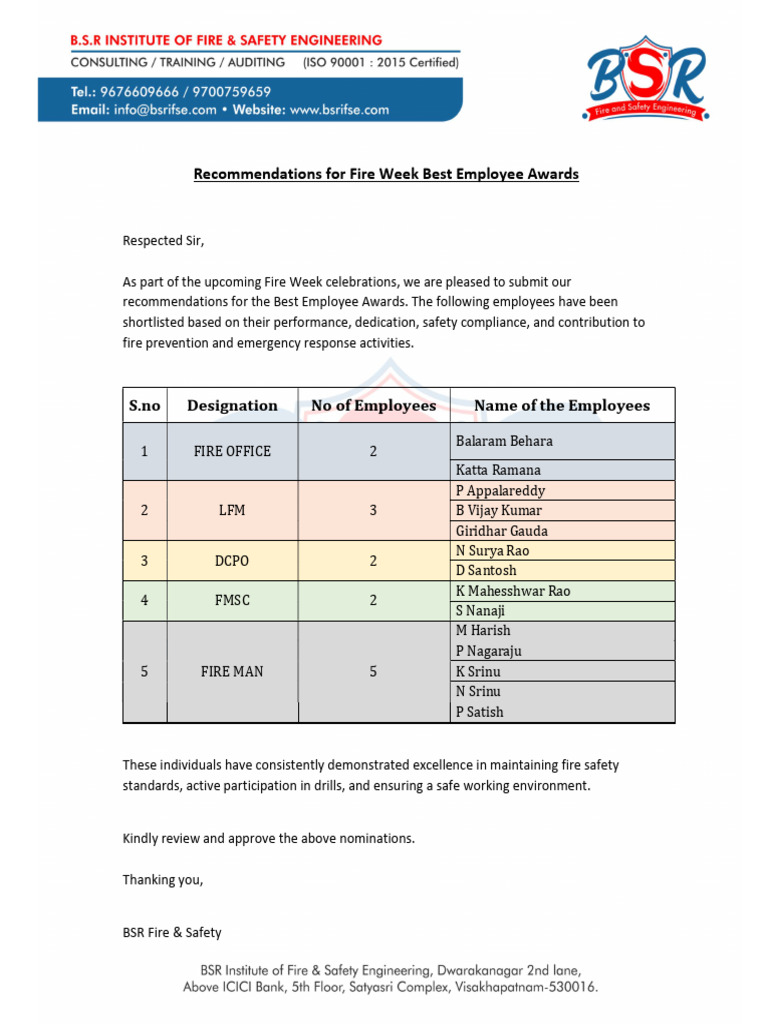 Fire Day Best Emp List | PDF