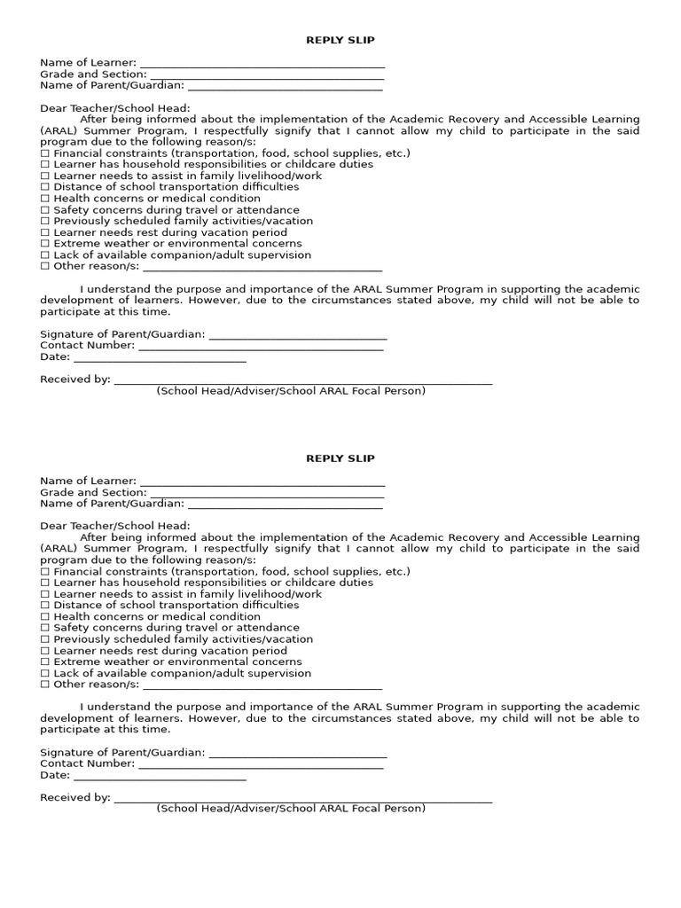 Reply Slip ARAL Summer | PDF | Child Care | Learning