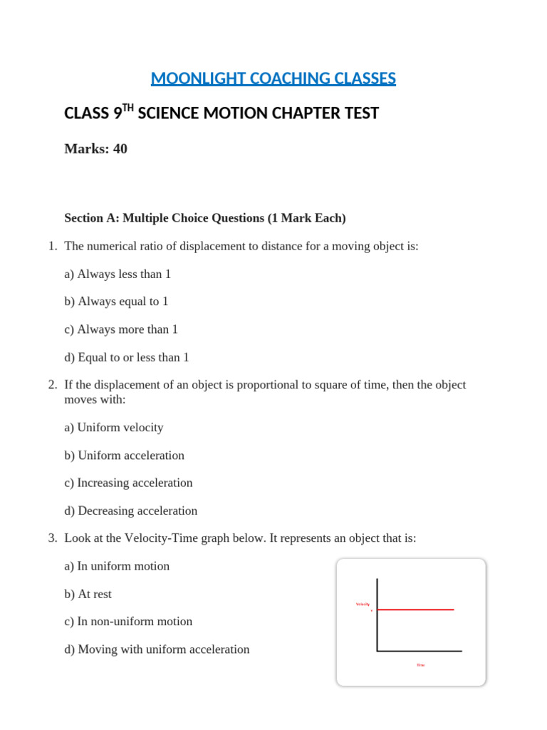 Class 9 Motion Test | PDF | Acceleration | Velocity
