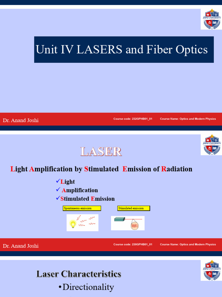 Unit IV LASERS and Fiber Optics | PDF | Laser | Emission Spectrum