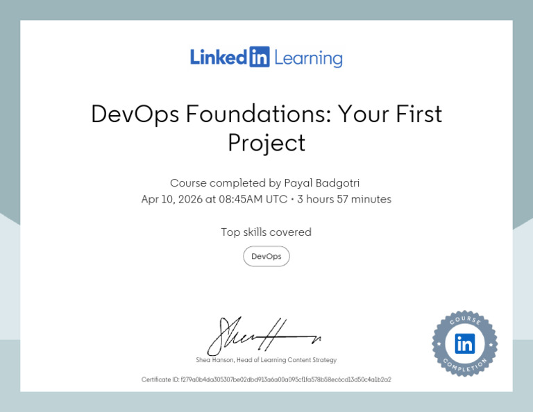 CertificateOfCompletion_DevOps Foundations Your First Project | PDF