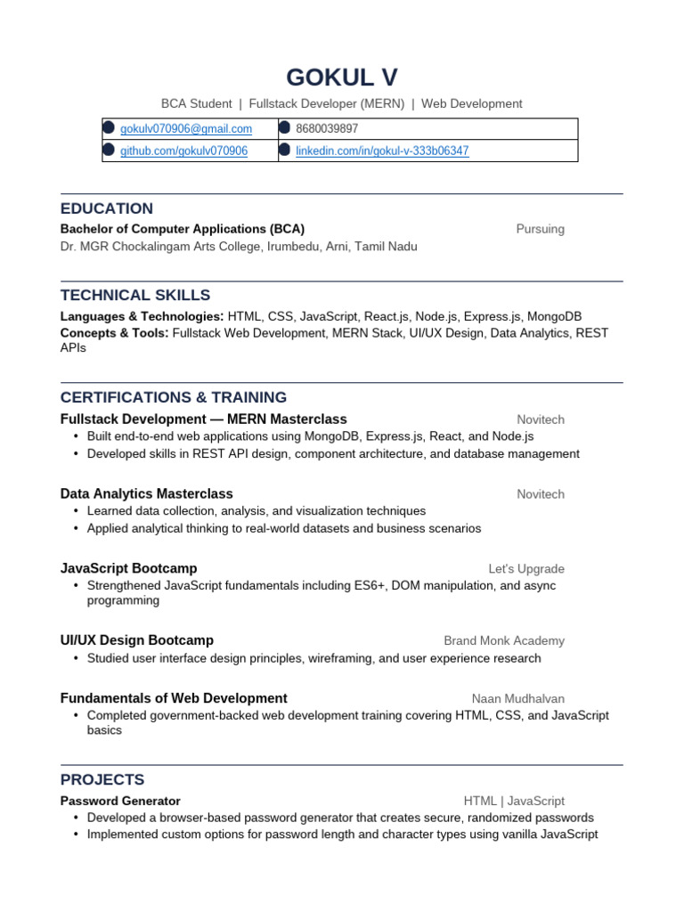 Gokul Resume ATS 1 | PDF | Web Development | Java Script