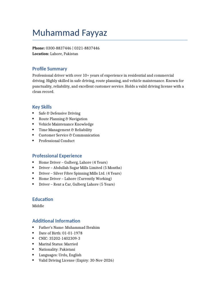 Muhammad Fayyaz Driver Resume | PDF