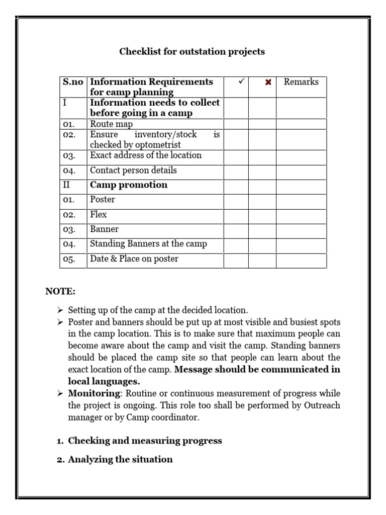 Check List for Outstation Project | PDF