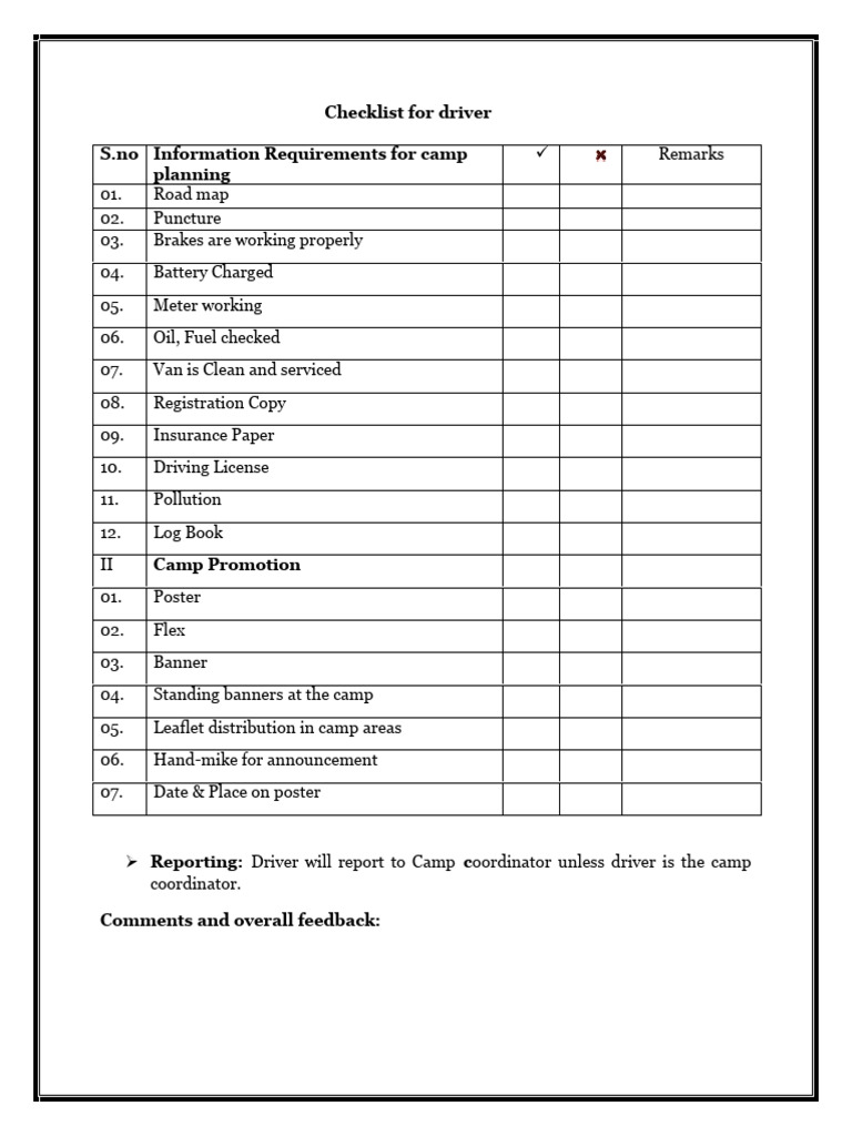 Check List for Driver | PDF