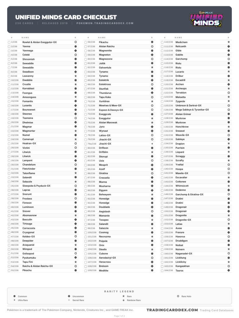 pokemon unified minds card list Amazon.com: TCG: Sun & Moon—Unified Elite Trainer Box + 8 Booster Pack + A Collector's Box, Multicolor : Toys & Games Unified Minds card list (International