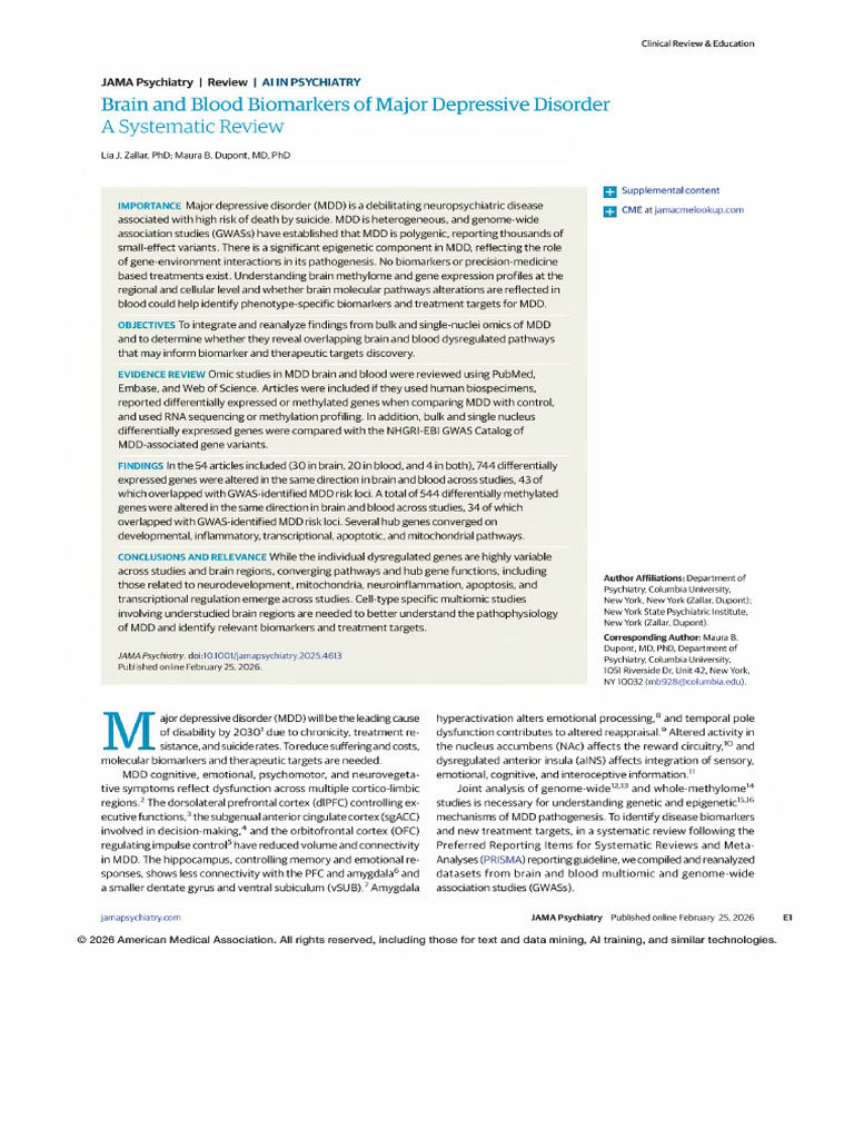 Brain and Blood Biomarkers of Major Depressive Disorder | PDF ...