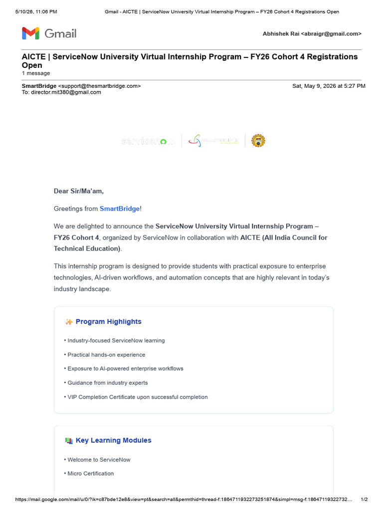 Gmail - AICTE _ ServiceNow University Virtual Internship Program – FY26 ...