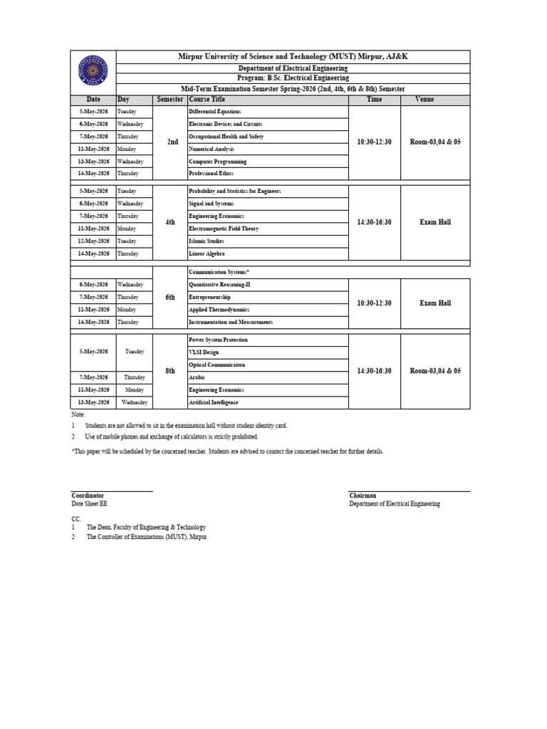 Date Sheet Mid Spring 2026 | PDF | Electrical Engineering | Engineering