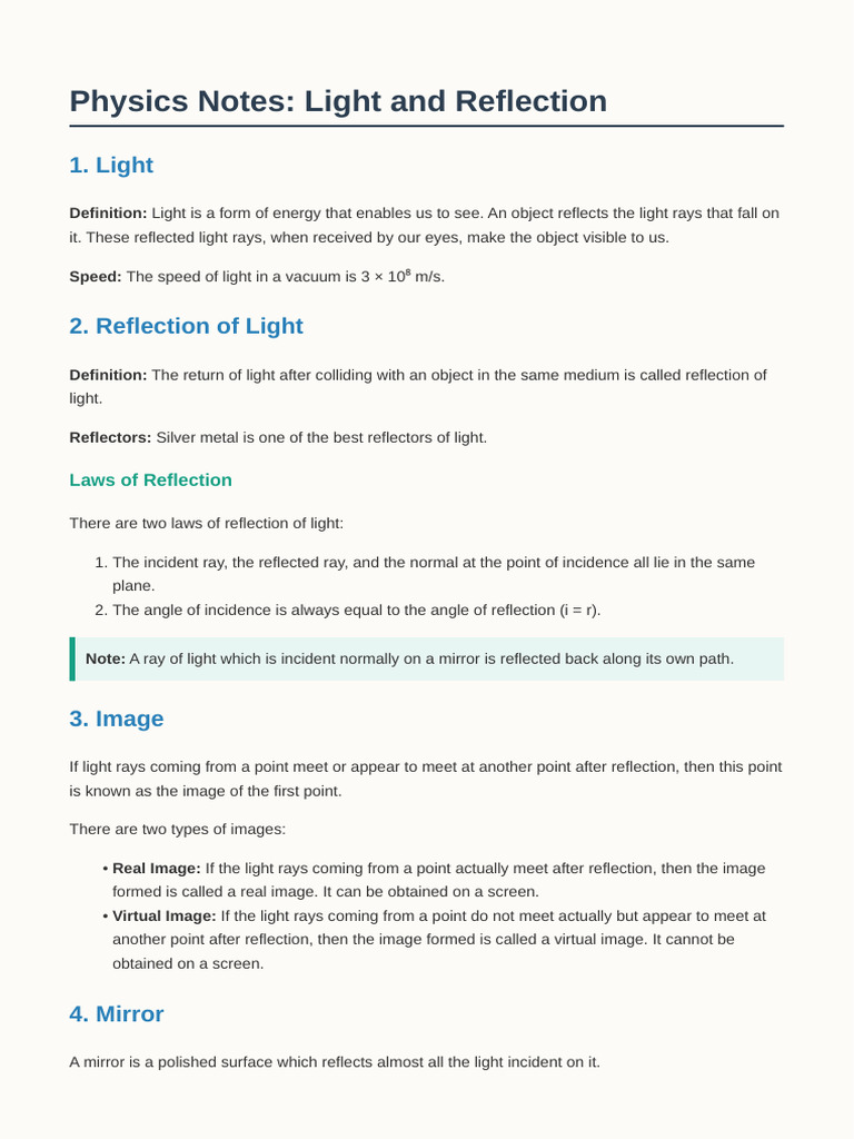 Physics Notes Light Reflection | PDF