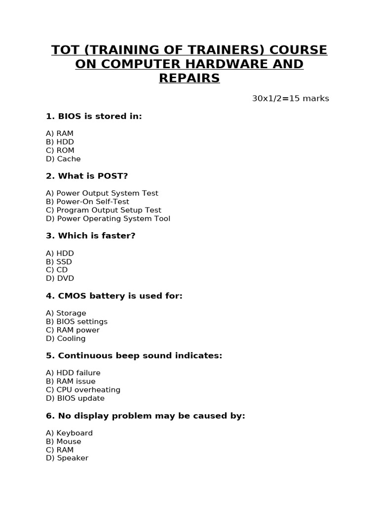Hardware Exam | PDF | Printer (Computing) | Bios