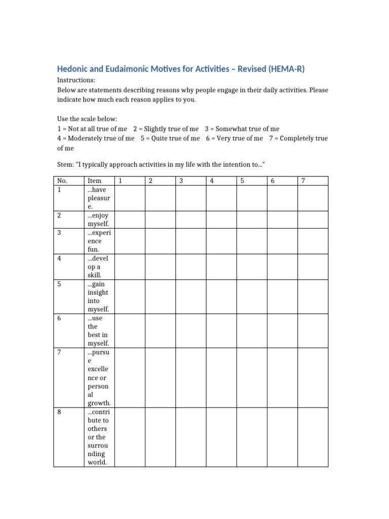 HEMA R Questionnaire | PDF