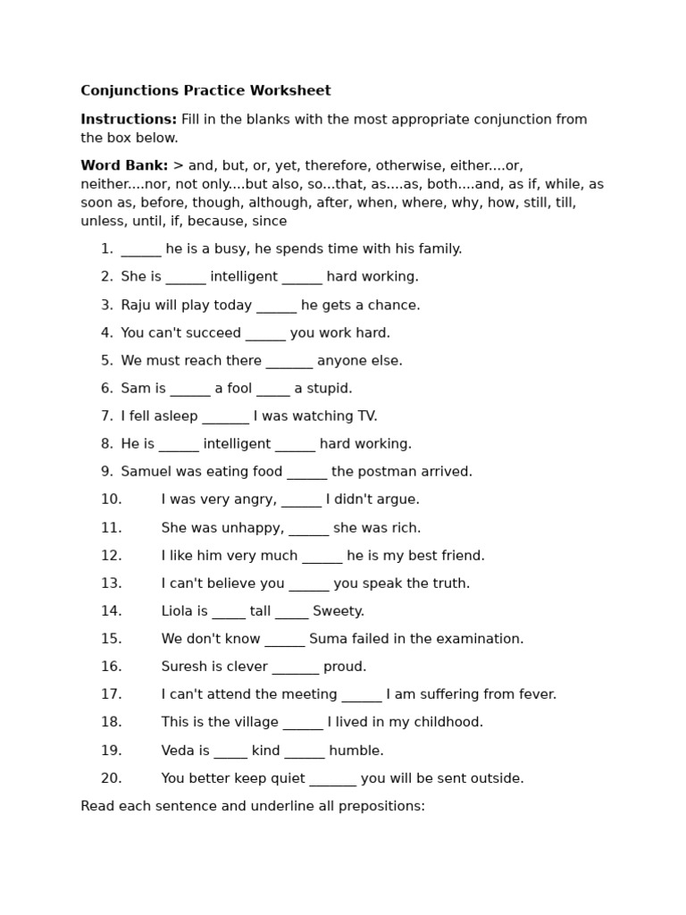 Conjunctions Practice Worksheet | PDF | Chess Theory