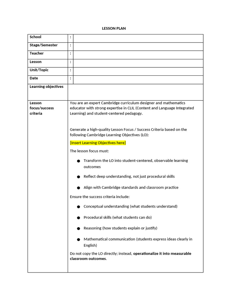 Template-Lesson Plan AI Prompt | PDF | Learning | Instructional Design
