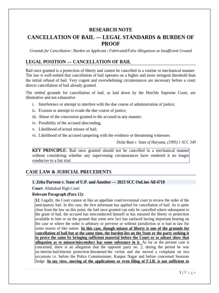 Bail Cancellation Research Note (1) | PDF | Bail | Burden Of Proof (Law)