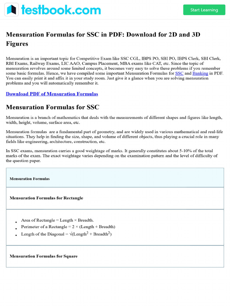 Mensuration Formulas | PDF